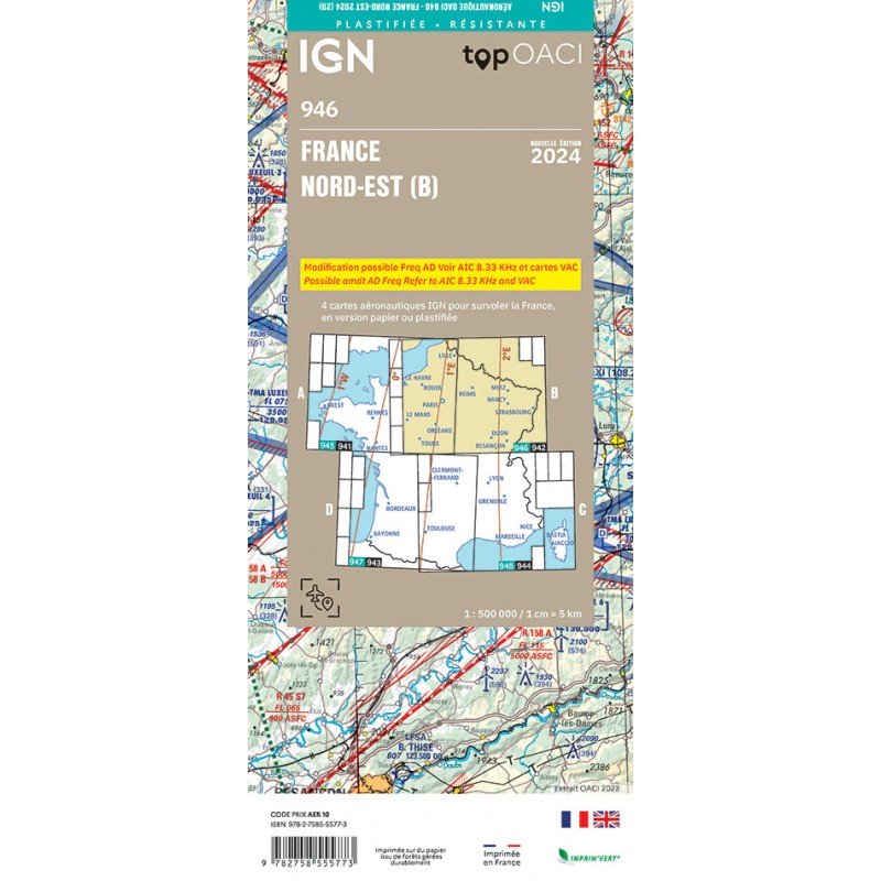 copy of 2023 Edition Laminated - Map 946 IGN ICAO - FRANCE NORD EST IGN - 2
