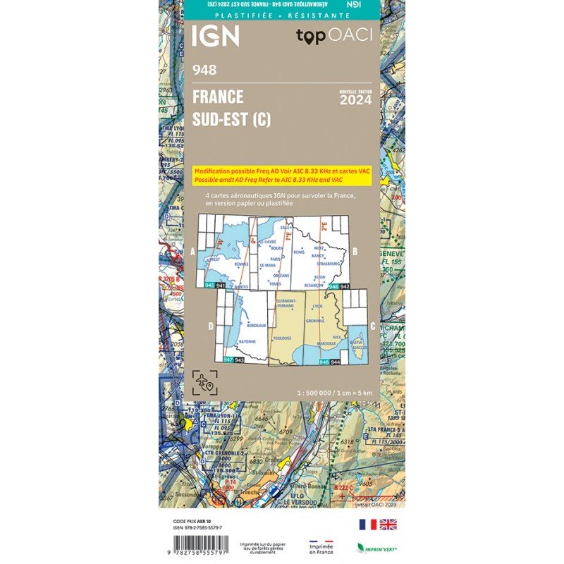 copy of 2023 Edition Laminated - Map 948 IGN ICAO - FRANCE SUD EST IGN - 2