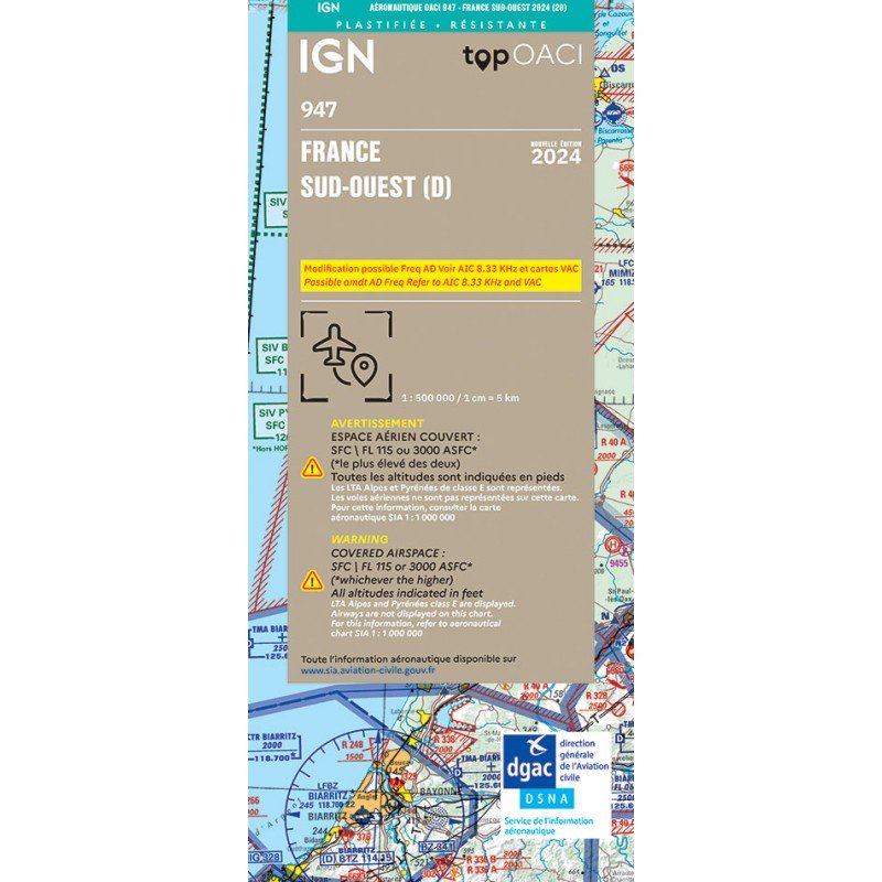 2024 Laminated Edition - ICAO Map 947 IGN - FRANCE SOUTH WEST