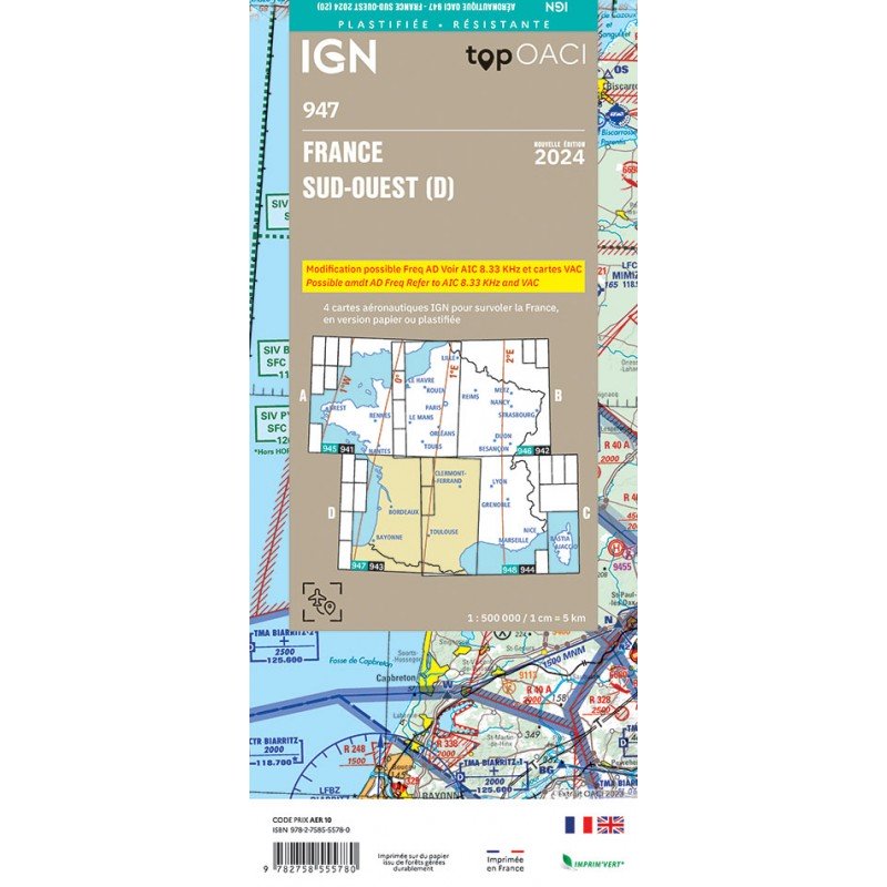 copy of 2023 Edition Laminated - Map 947 IGN ICAO - FRANCE SUD OUEST IGN - 2