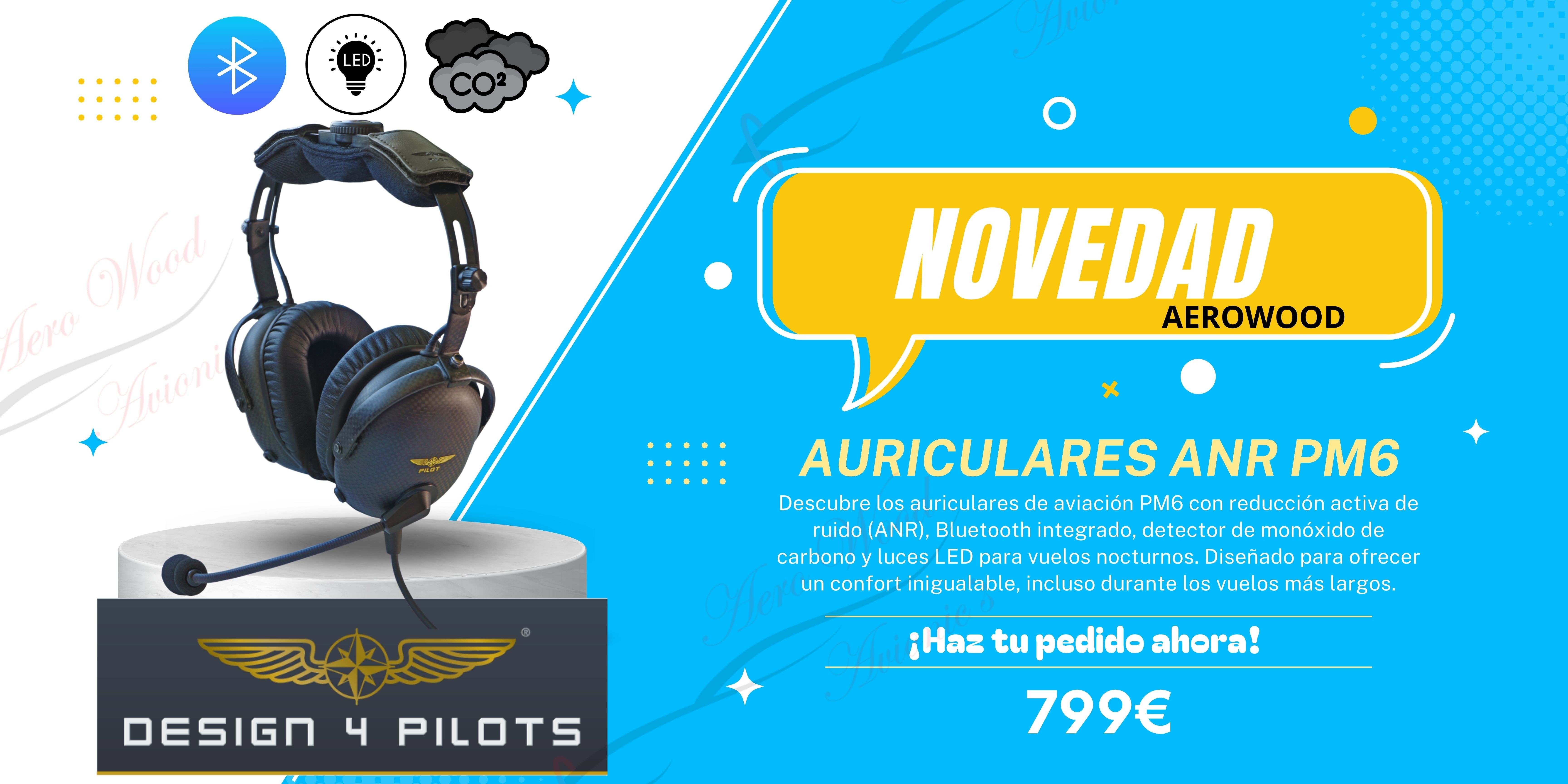 Nuevos auriculares de piloto ANR PM6 de Design4Pilots, disponibles en AEROWOOD.